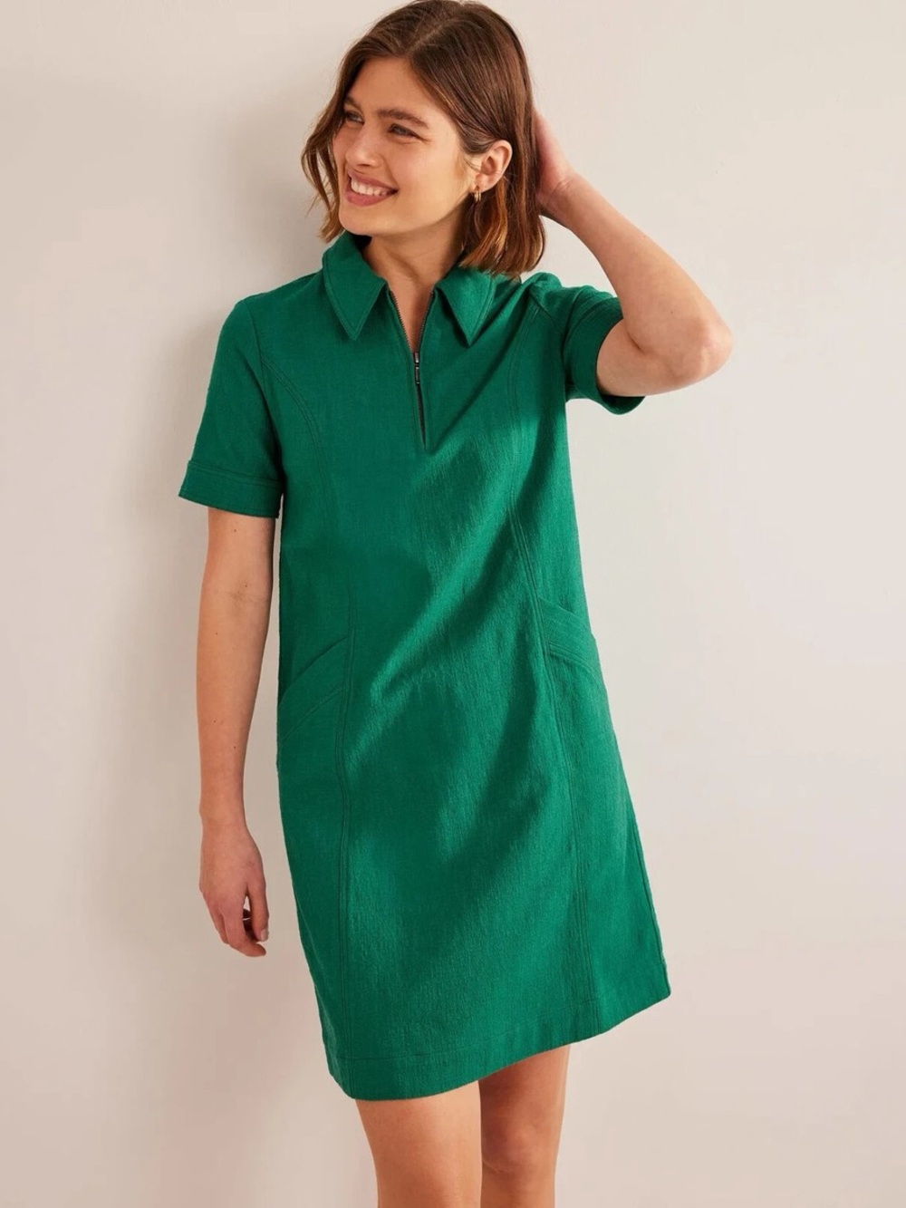 Boden Bottle Green Zip Detail Mini Shift Dress Textured